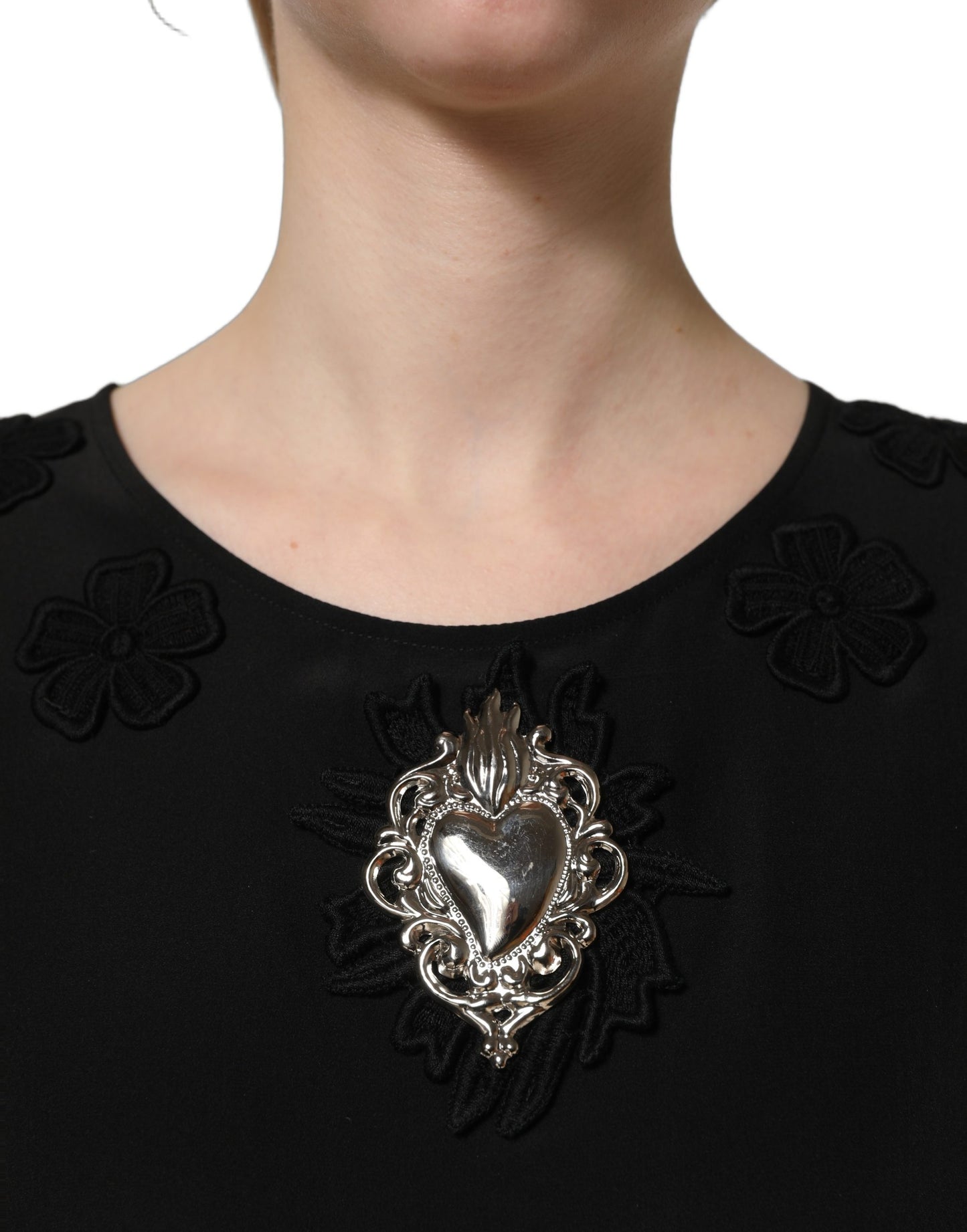 Black Floral Silk Heart Appliqué Blouse Top