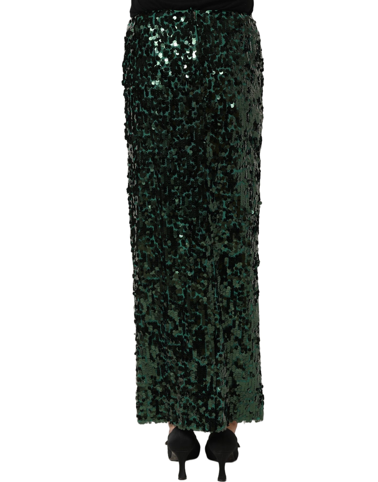 Green Sequin High Waist Pencil Cut Midi Skirt