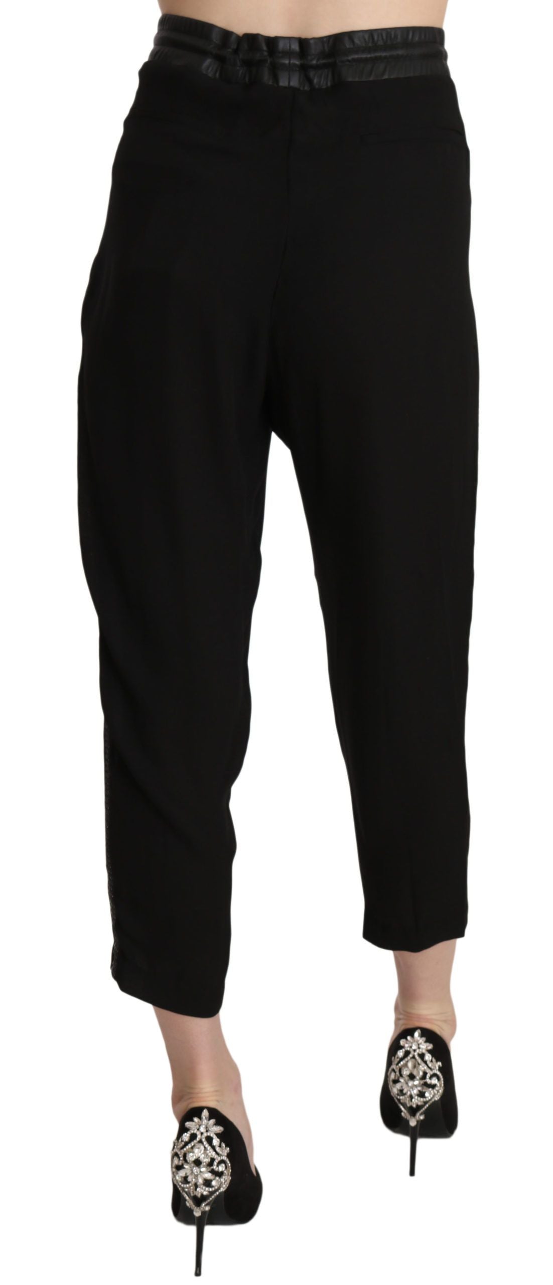 Black Polyester High Waist Cropped Trousers Pants