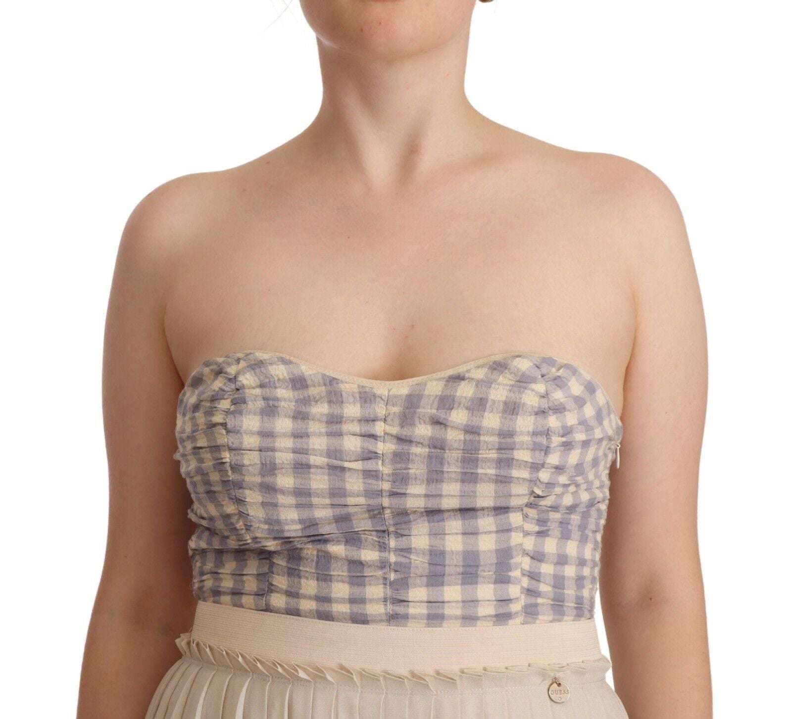 Beige Checkered Pleated A-line Strapless Bustier Dress