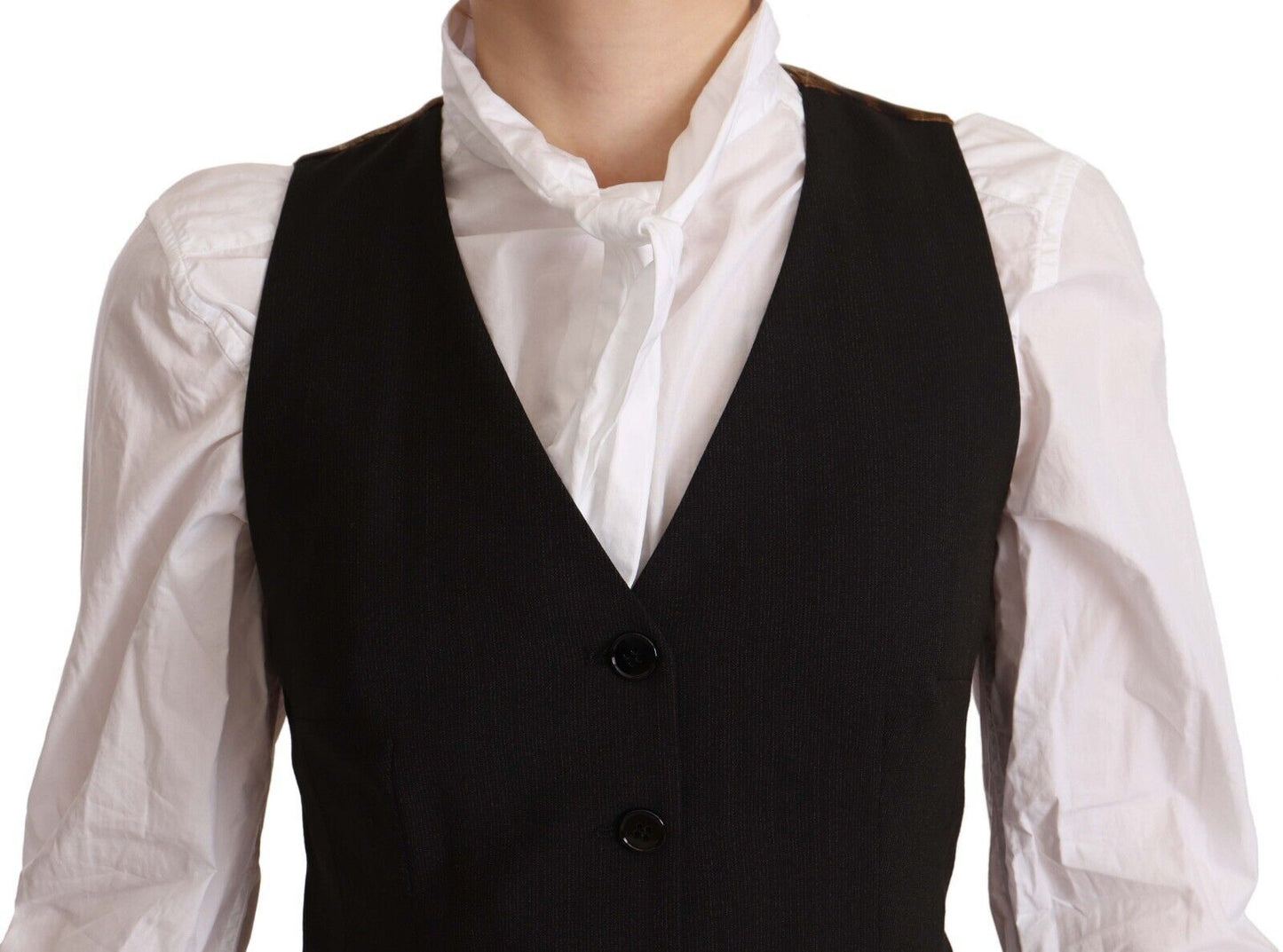 Black Button Down Sleeveless Vest Polyester Top