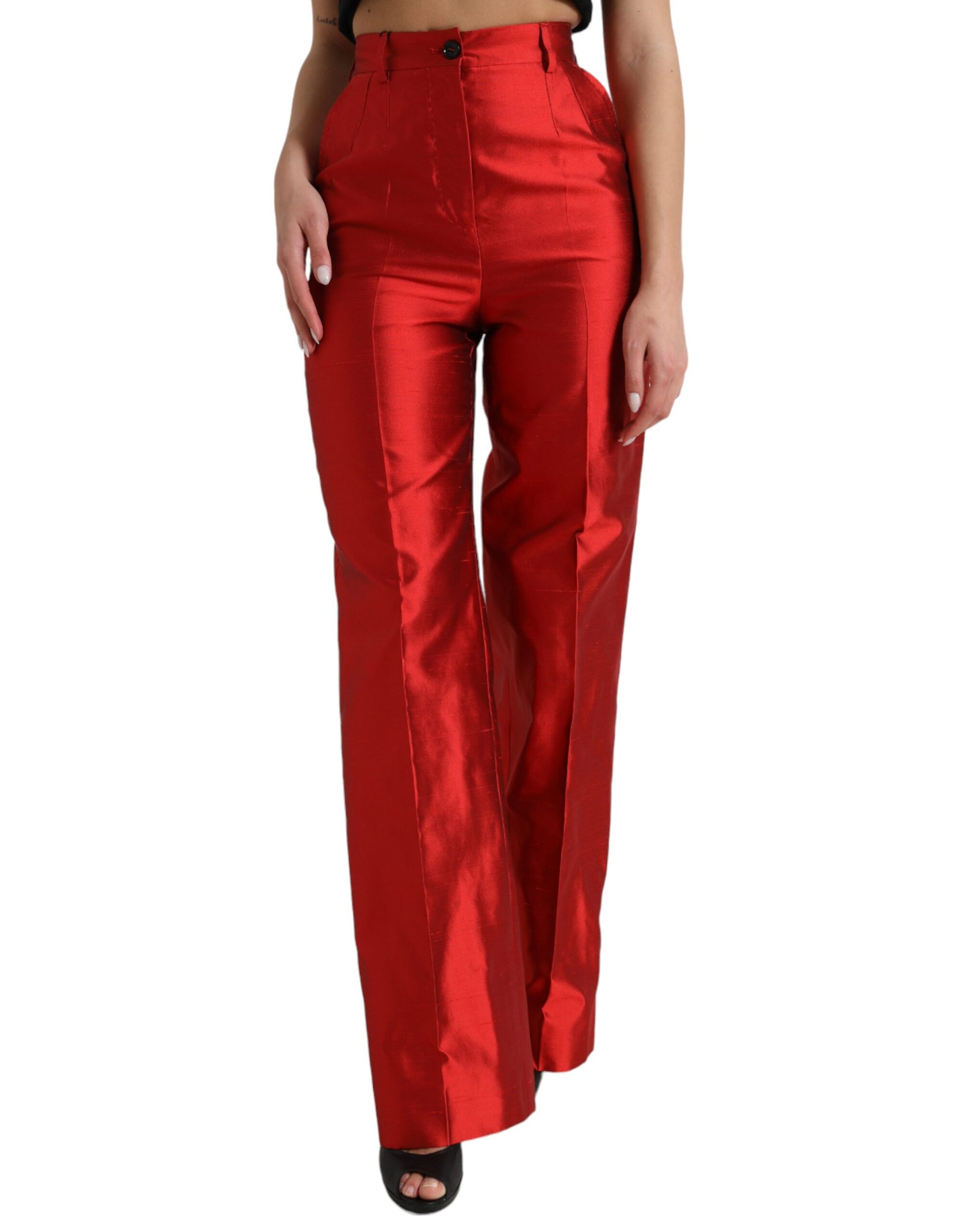 Red Satin Silk High Waist Wide Leg Pants
