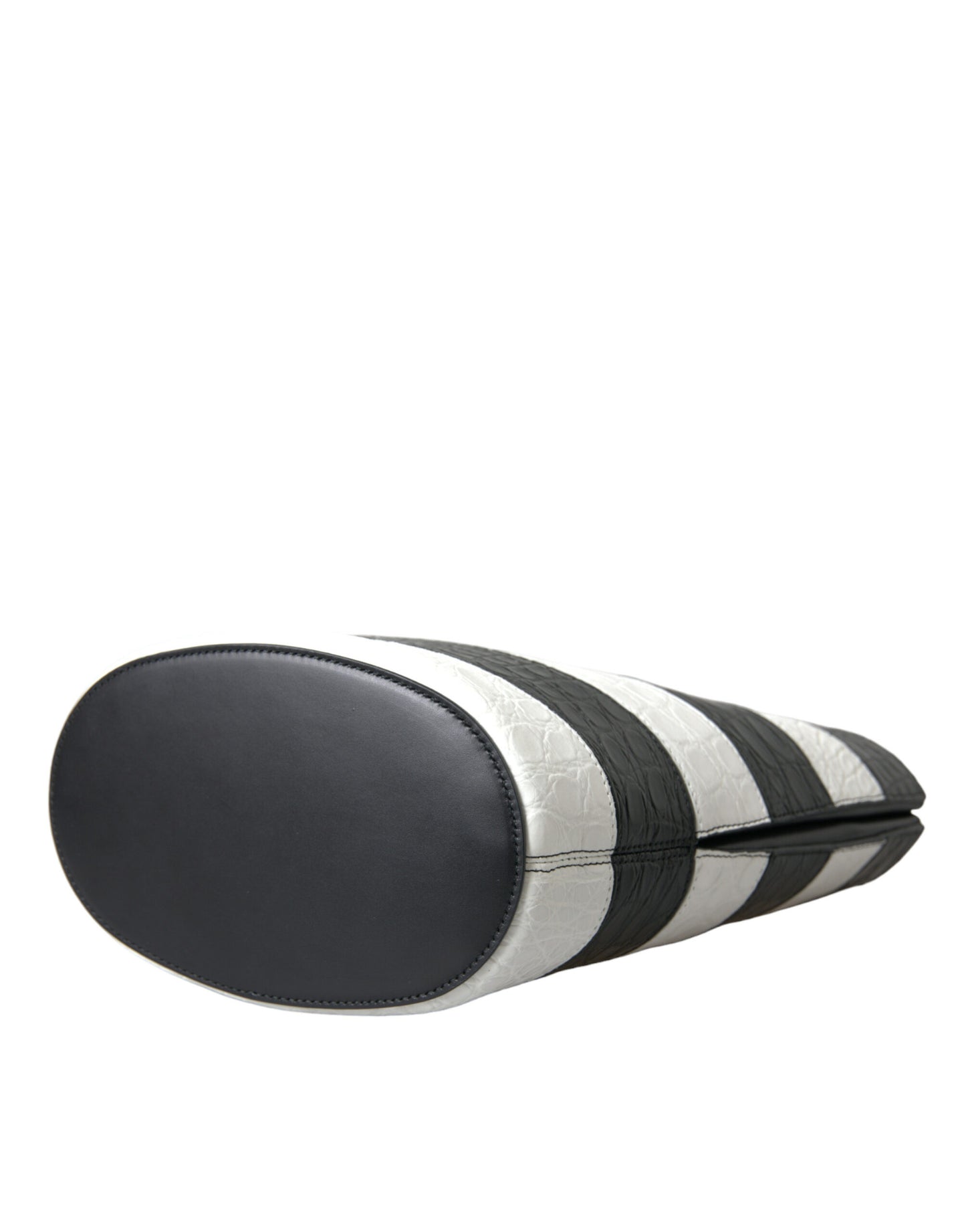 Black White Striped Exotic Skin Leather Maxi Bucket Tote Bag