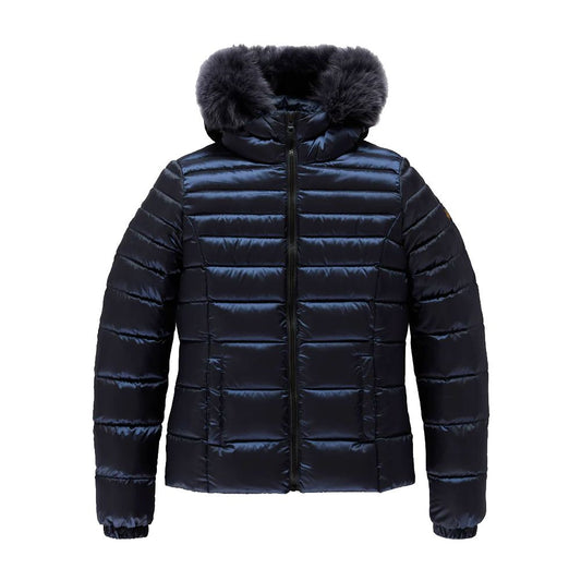 Blue Nylon Women Jacket with Feather Padding and Fur Hood