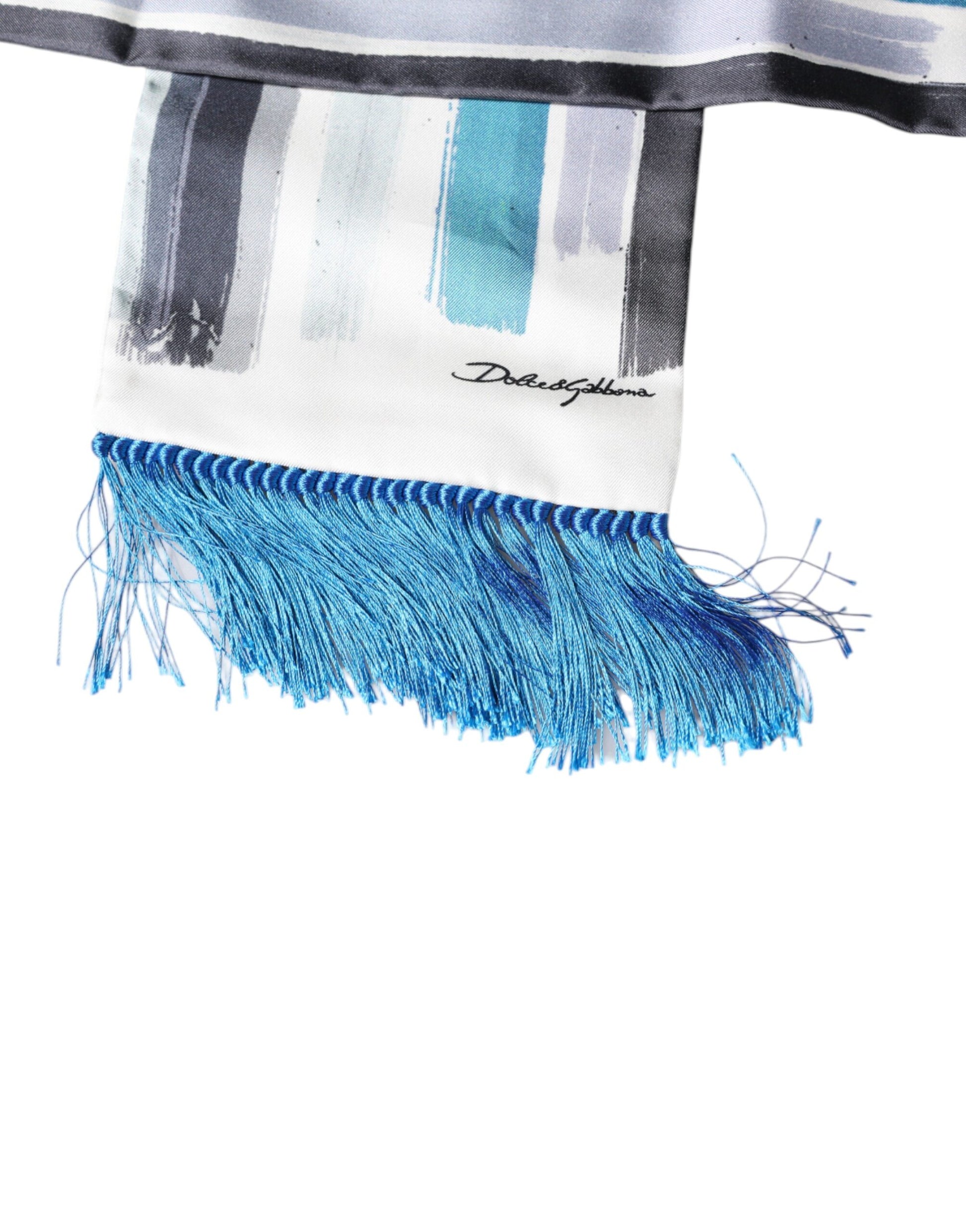 White Blue Stripes Silk Fringes Wrap Scarf