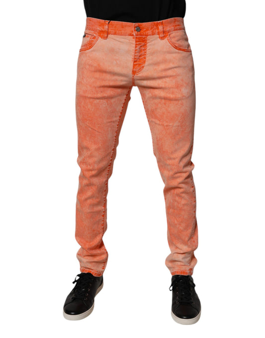 Orange Tie Dye Cotton Skinny Men Denim Jeans