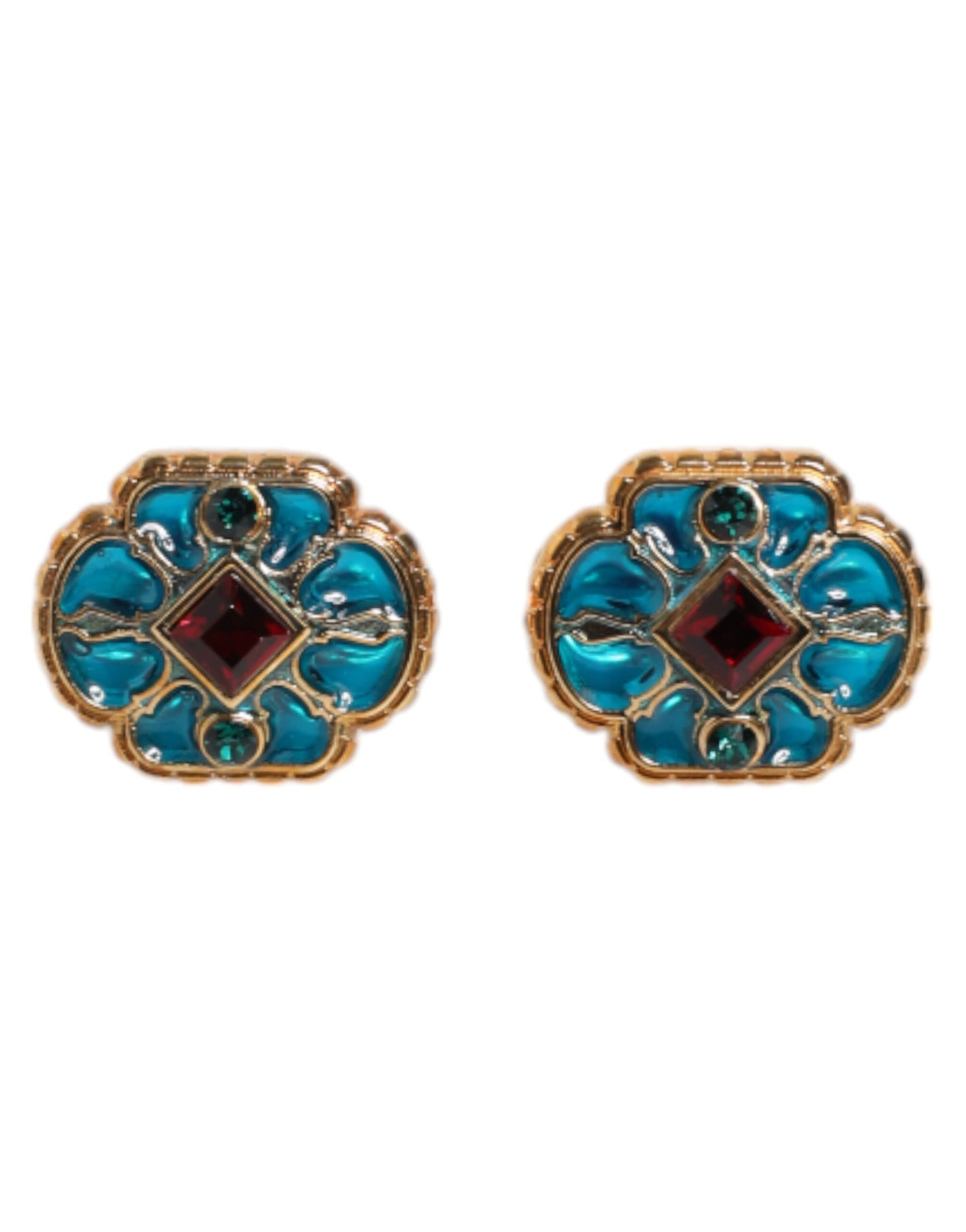 Gold Brass Blue Enameled Flower Cufflink