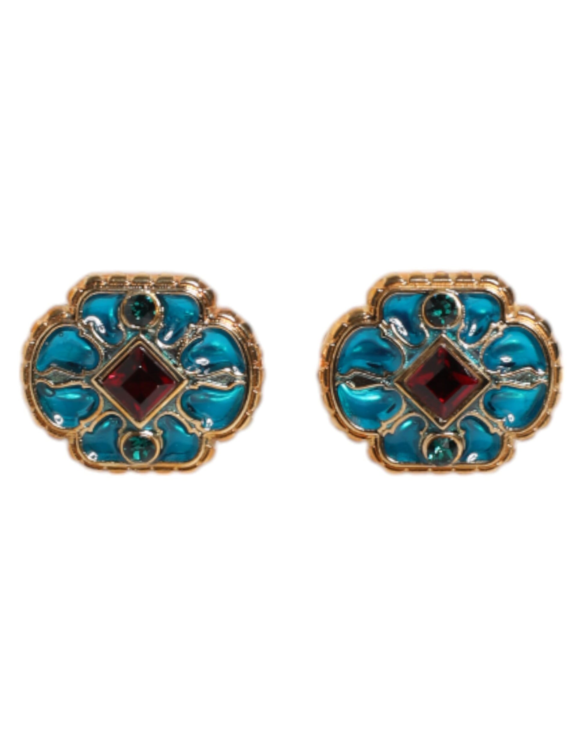 Gold Brass Blue Enameled Flower Cufflink