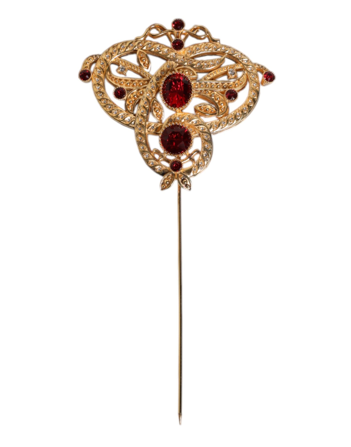 Gold Tone Red Crystal Embellish 925 Sterling Silver Pin