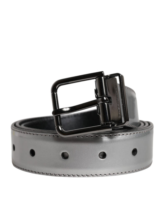Silver Leather Classic Metal Logo Buckle Belt