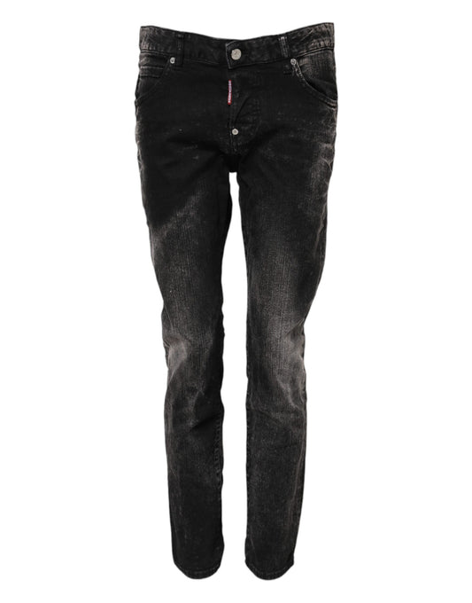 Black Washed Mid Waist Tapered Denim Jeans