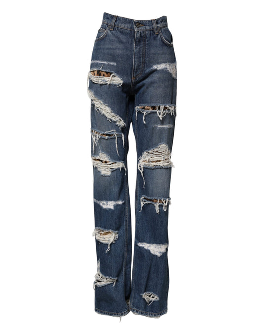 Blue Tattered Cotton Straight Denim Jeans