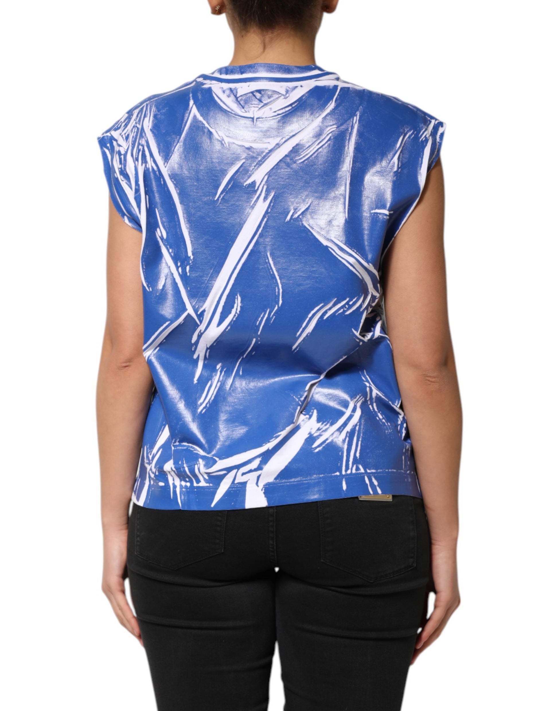 Blue White Cotton Logo Plaque Women Tank Top