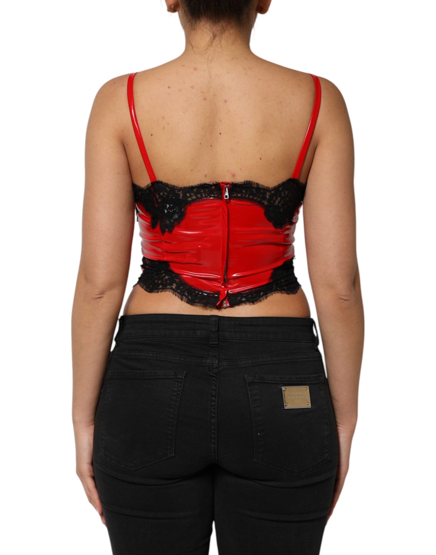 Red Black Lace Trim Polyester Sleeveless Tank Top