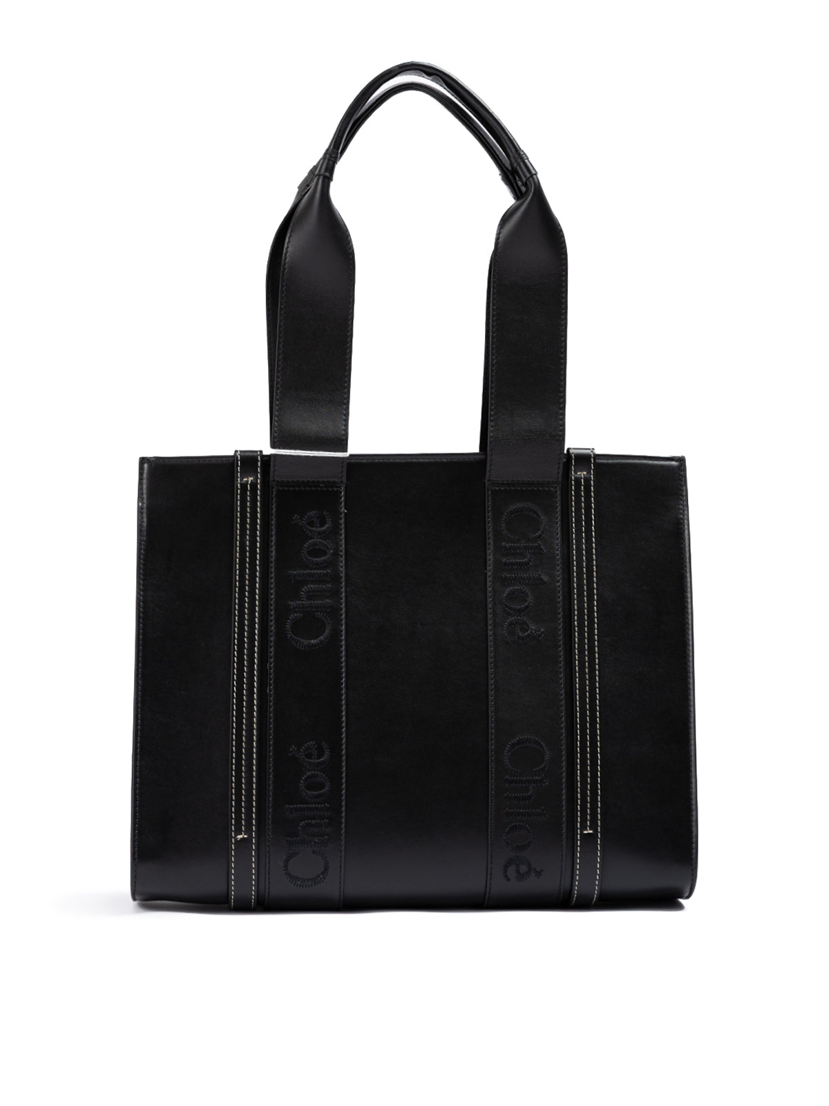 Black Woody Embroidered Logo Leather Medium Tote Bag