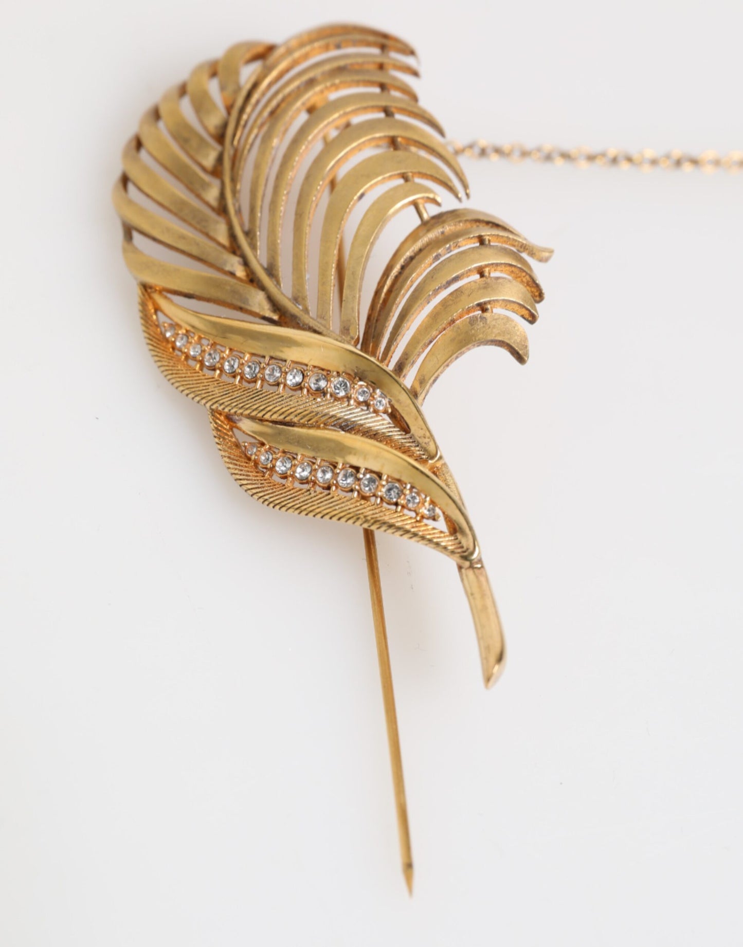 Gold Tone Leaf 925 Sterling Silver Crystal Chain Brooch