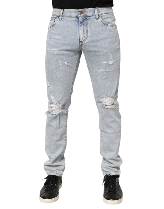 Light Blue Distressed Slim Fit Ripped Denim Jeans