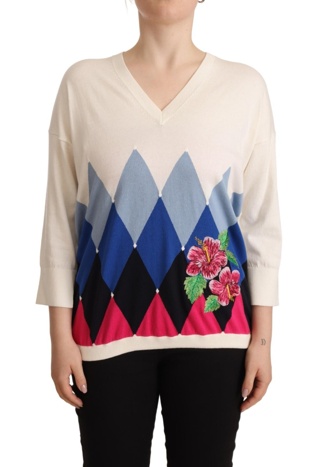 Multicolor Floral Cashmere Cotton Pullover Sweater