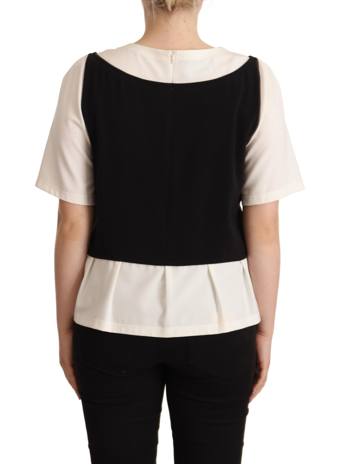 Black White Polyester Short Sleeves Top Blouse