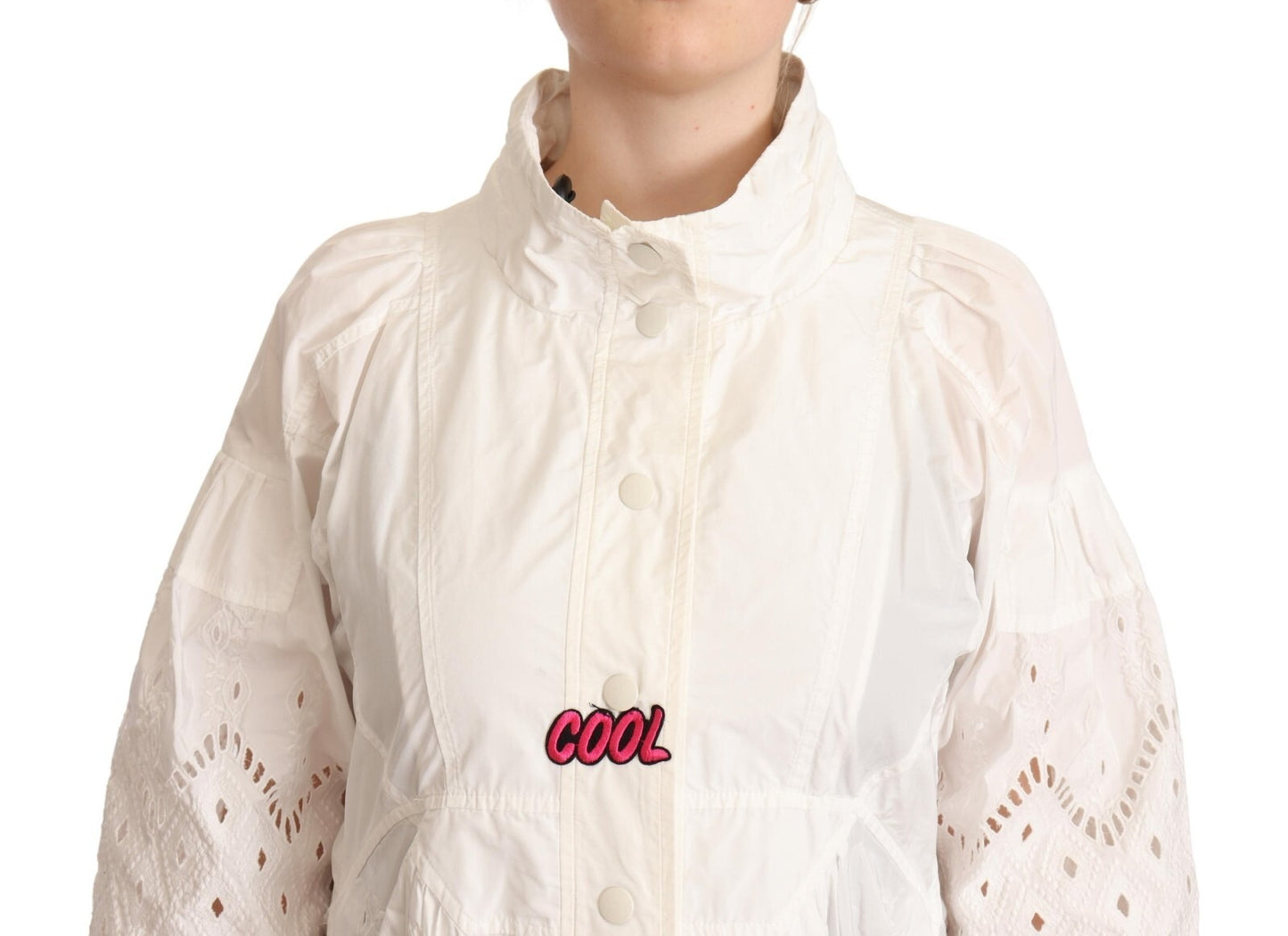 Button Down White Long Sleeve Polyester Jacket