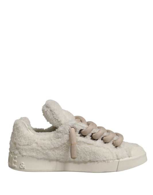 White Faux Shearling Low Top Sneakers  Shoes