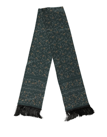 Green Silk Floral Pattern Fringed 135cm X 16cm  Scarf