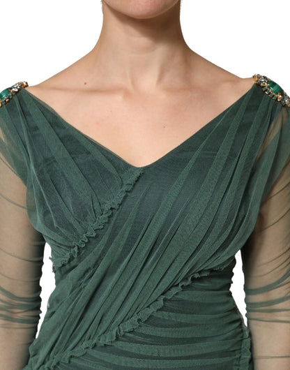 Green Ruched Mesh Sheer Sleeves Midi Dress