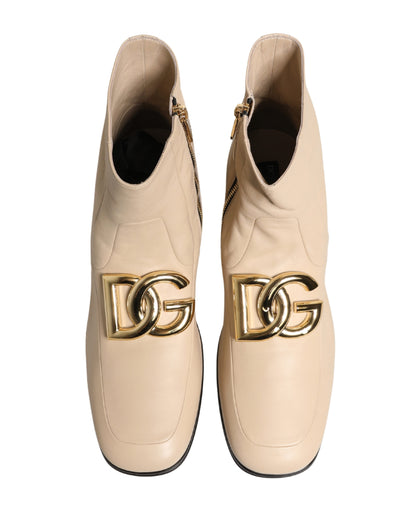 Beige Leather Logo Plaque Ankle Boots Shoes