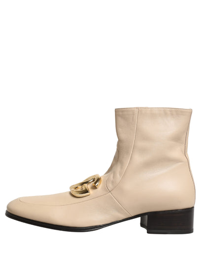 Beige Leather Logo Plaque Ankle Boots Shoes