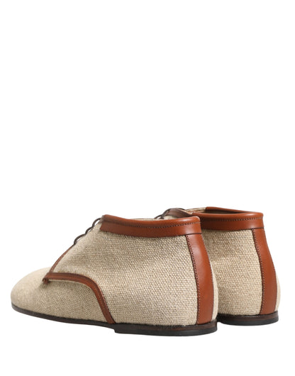 Beige Canvas Lace-Up Men Dress Derby Shoes