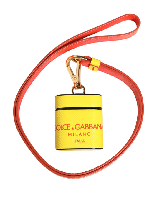 Yellow Calf Leather Logo Flip Holder Strap Airpods Case