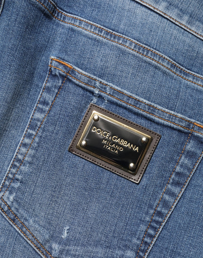 Blue Tattered Skinny Cotton Denim Jeans