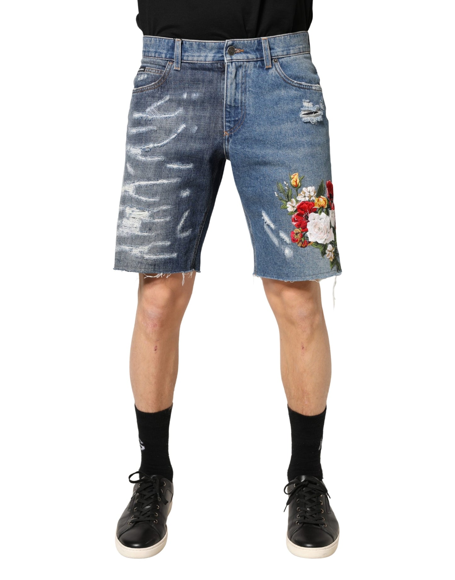 Blue Floral Embroidery Tattered Denim Shorts
