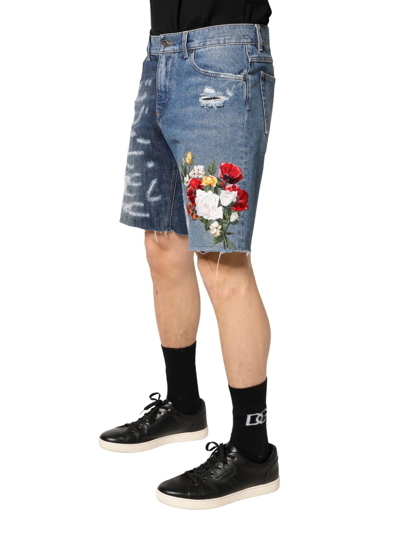Blue Floral Embroidery Tattered Denim Shorts