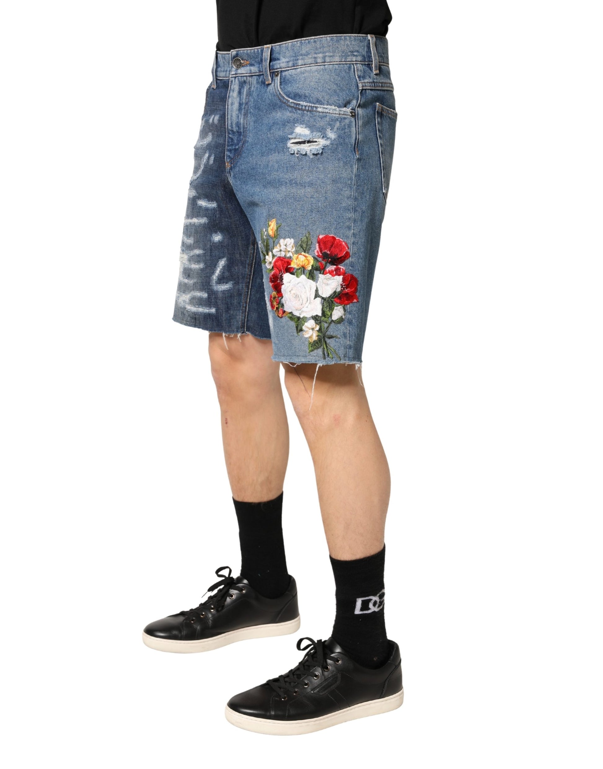 Blue Floral Embroidery Tattered Denim Shorts