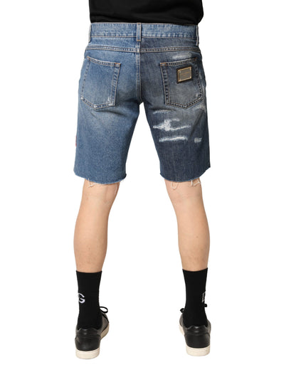 Blue Floral Embroidery Tattered Denim Shorts