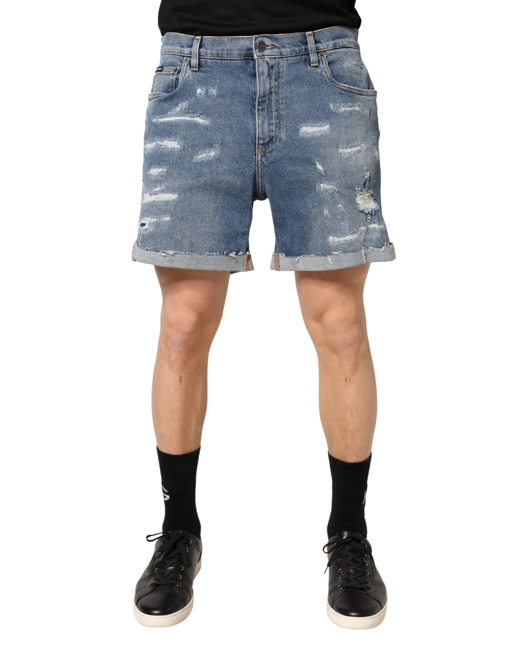 Blue Cotton Distressed Denim Bermuda Shorts