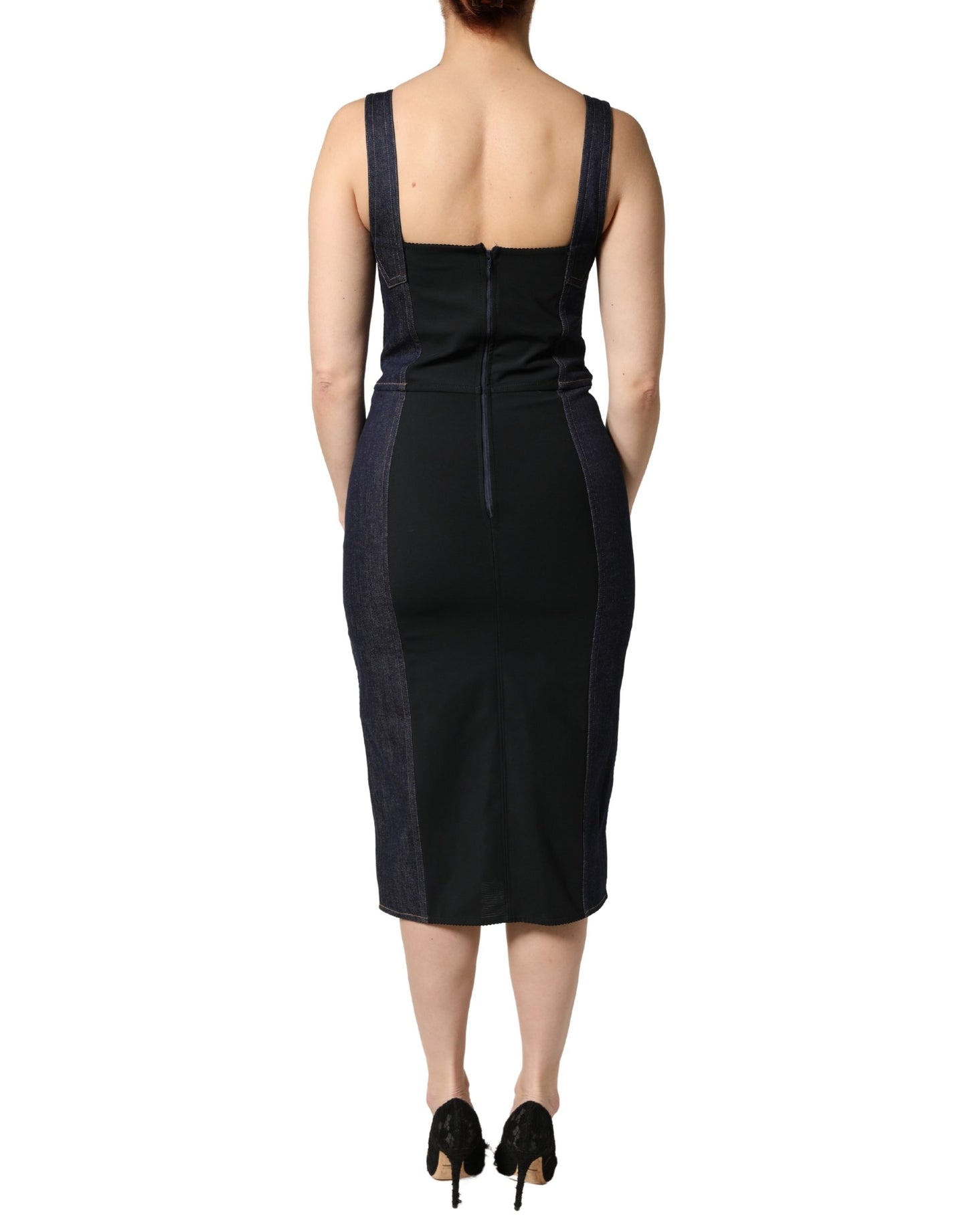 Dark Blue Cotton Denim Sheath Midi Dress