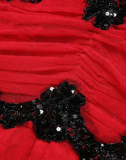 Red Mesh Trim Bodycon Sheath Midi Dress