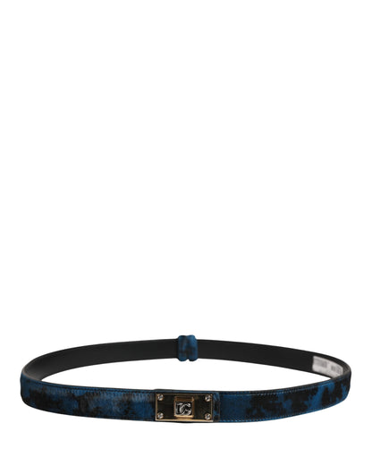 Men Blue Calf Leather Logo Metal Buckle Belt