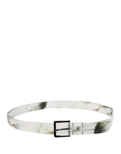 Men White Floral PVC Silver Metal Buckle Belt