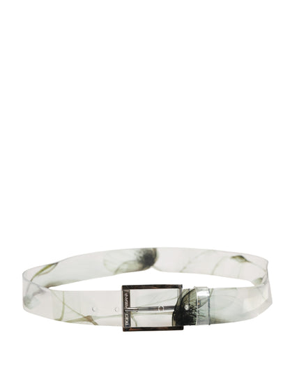 Men White Floral PVC Silver Metal Buckle Belt