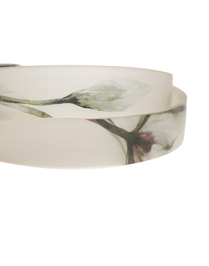 Men White Floral PVC Silver Metal Buckle Belt