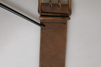 Brown Leather Wide Gold Metal Buckle Belt