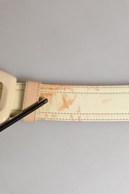 Beige Leather Logo Wide Waist Women Square Buckle Belt