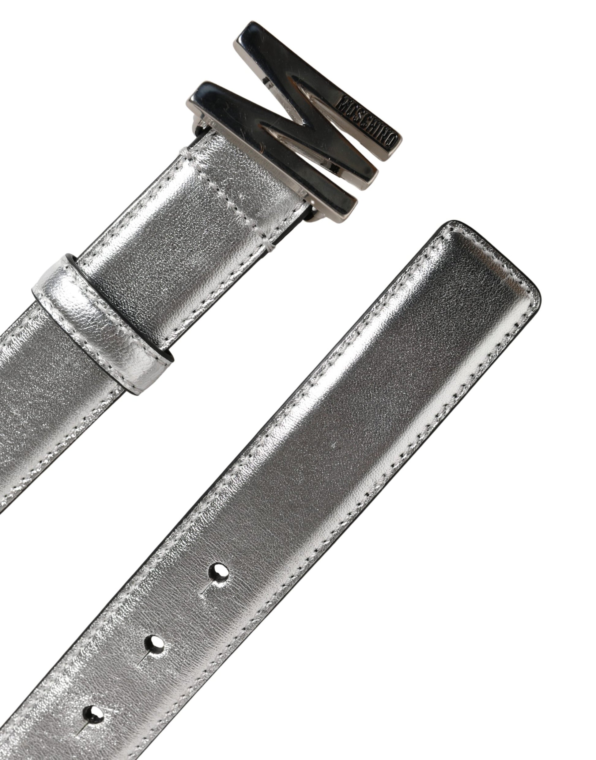 Silver Leather Logo Metal Buckle Waist Belt