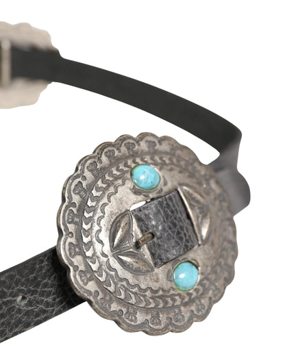 Black Turquoise Leather Embellished Oval Buckle Belt