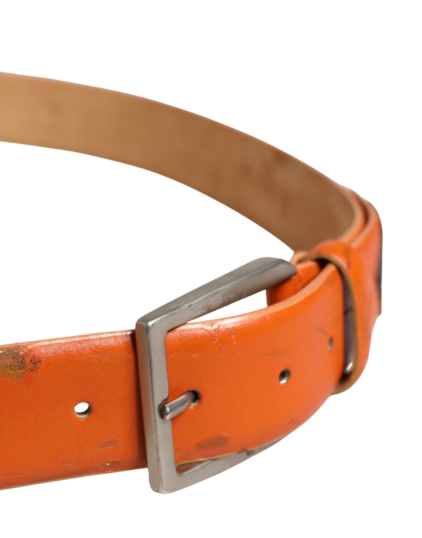 Orange Genuine Leather Silver Metal Buckle Waist Belt