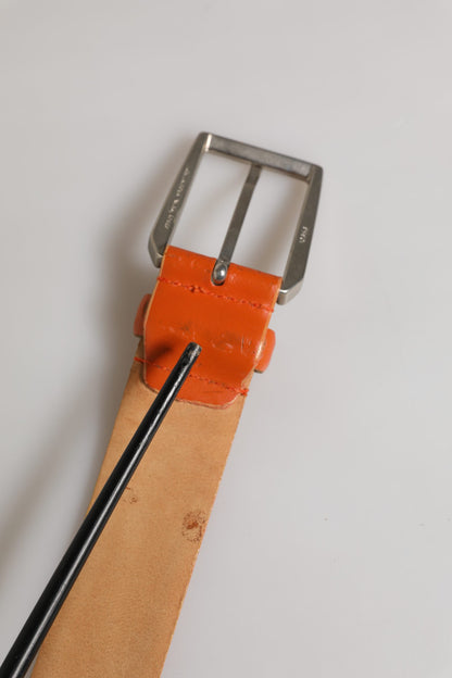Orange Genuine Leather Silver Metal Buckle Waist Belt
