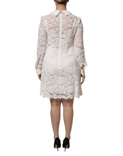 White Floral Lace Viscose Collared Mini Dress